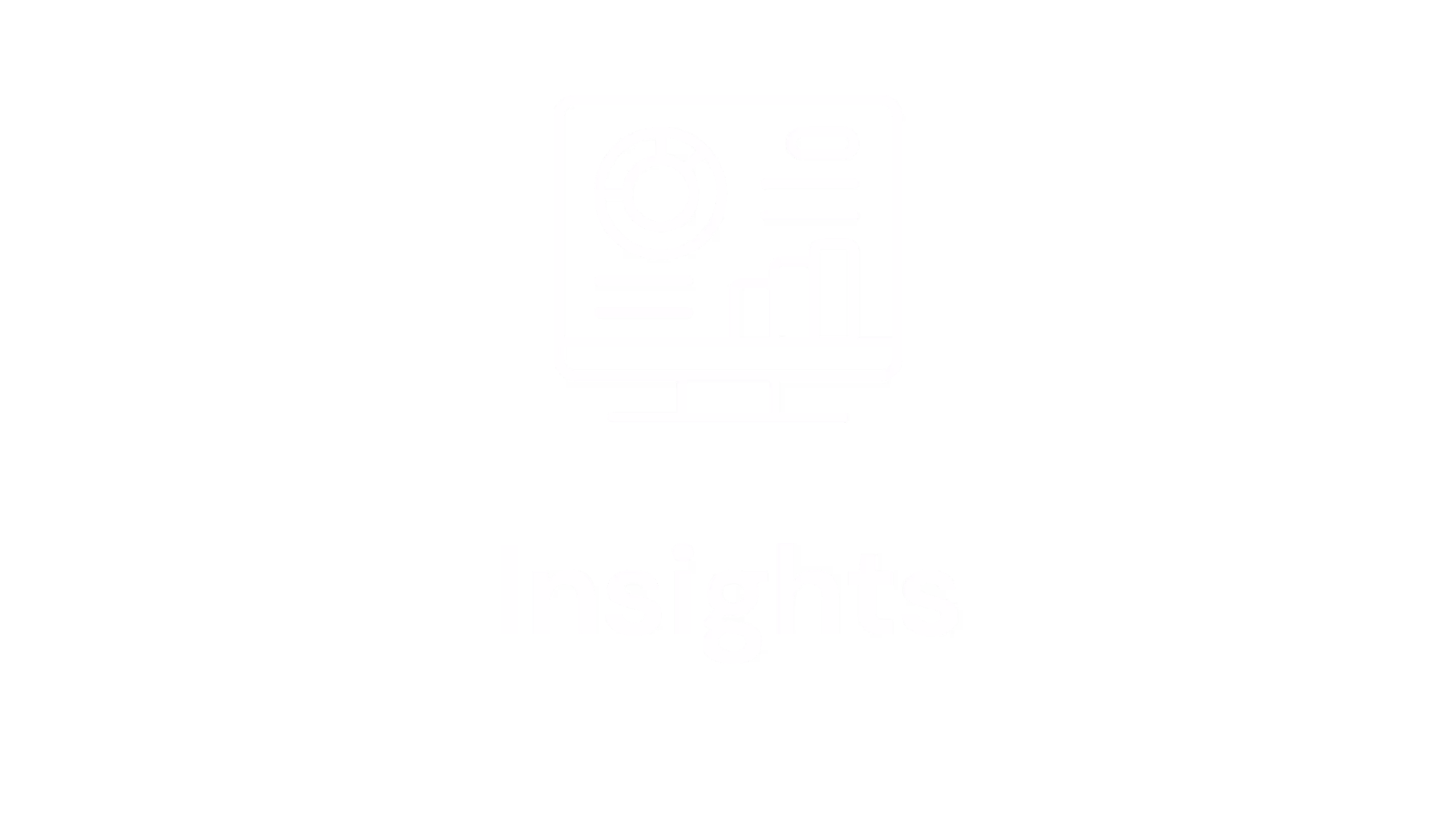 White icon of a computer monitor displaying charts and graphs with the word “Insights” below it on a transparent background.