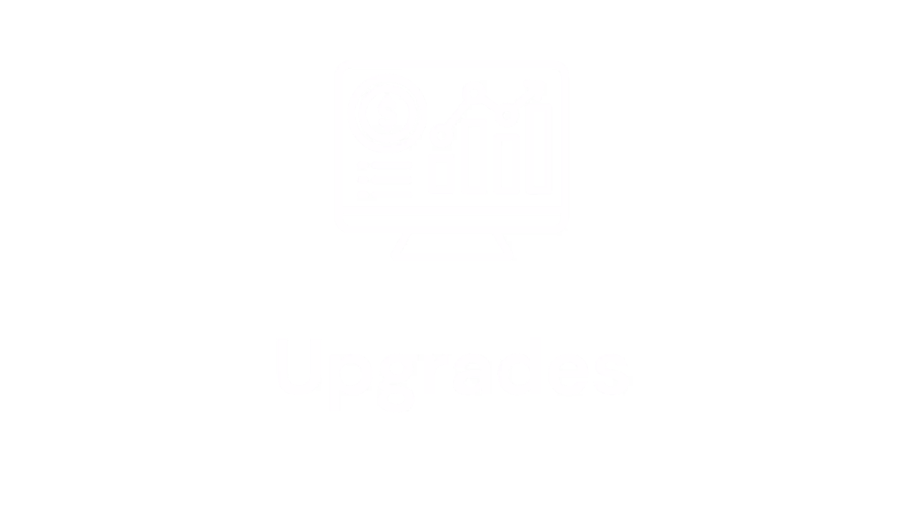 White icon of a computer monitor displaying analytics charts and graphs, with the word “Upgrades” written below it on a transparent background.